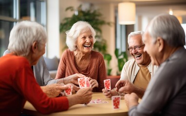 Group of seniors playing cards and sharing laughter in a retirement nursing home