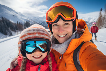 A group of young skiers, including a mother and her children, enjoy a safe alpine downhill skiing vacation in the winter mountains of the Alps, wearing ski gear, eye wear, and helmets,