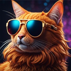 A portrait of a ginger cat wearing black sunglasses. Looking smart and awesome.