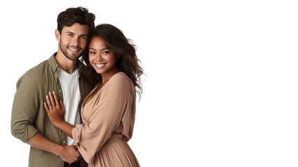 Fototapeta premium Couple Romantic standing side by side and hugging, isolated on white