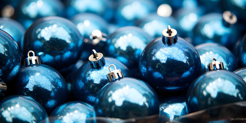 Christmas blue balls on a blue background. Christmas blue ornaments. AI Generative