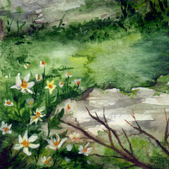 A sunlit summer glade with flowers in the forest wood among the grass and branches. Hand drawn watercolor background illustration art