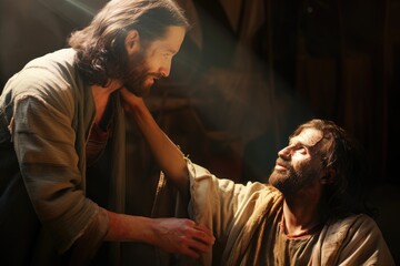 Blind man healed by Jesus, touching digital art. - obrazy, fototapety, plakaty