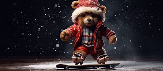 Naklejka premium Teddy on skates with Christmas tree