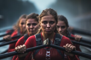 Female rower in sync with her team. - obrazy, fototapety, plakaty