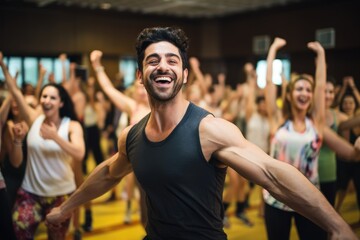Fitness instructor demonstrating a pose during a Zumba session.