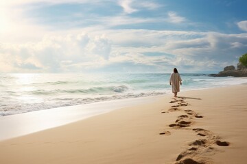Footprints in the sand with Jesus, serene beach artwork. - obrazy, fototapety, plakaty
