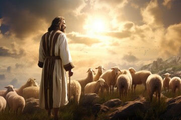 Jesus as the Good Shepherd, pastoral digital art. - obrazy, fototapety, plakaty