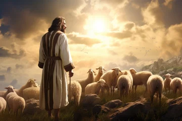 Fotobehang Jesus as the Good Shepherd, pastoral digital art. © furyon