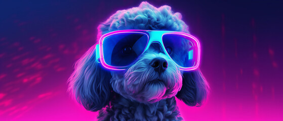 Futuristic illustration: Maltese Poodle dog in VR goggles.