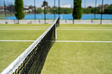 synthetic court in a park in summer, tennis court with a net