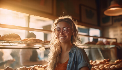 Woman in hipster pastry shop with pastries.generative ai