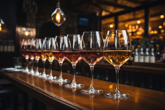 Wine glasses lined up on bar tabletop