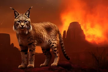 Foto auf Alu-Dibond a bobcat standing with a fiery volcanic background. Generative AI © Idris