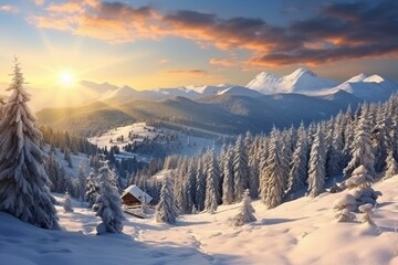 Fototapeta na wymiar Beautiful snowy mountains, sunny valley, and fresh fir trees in a vibrant Christmas panorama. Generative AI