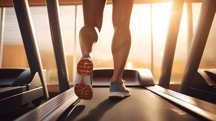 Crédence de cuisine en verre imprimé Fitness Close up on feet, woman running on treadmill in fitness club, healthy life training in gym concept