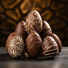 a group of chocolate easter eggs on a brown surface