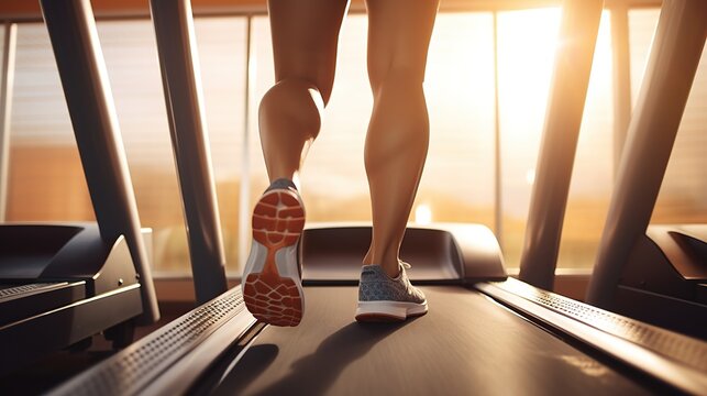 Close up on feet, woman running on treadmill in fitness club, healthy life training in gym concept