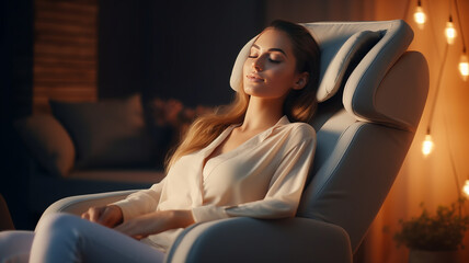 Fototapeta na wymiar Woman relaxing on electric massage chair in living room.generative ai