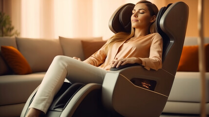 Woman relaxing on electric massage chair in living room.generative ai