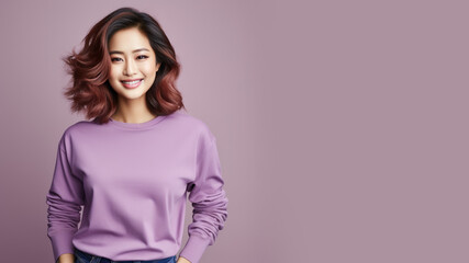 Obraz premium An Asian woman wearing purple sweatshirt isolated on pastel background