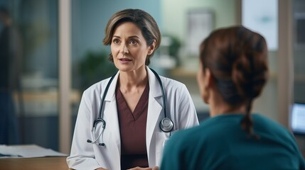 Female doctor meeting a patient in her office for a medical consultation, they are wearing surgical masks