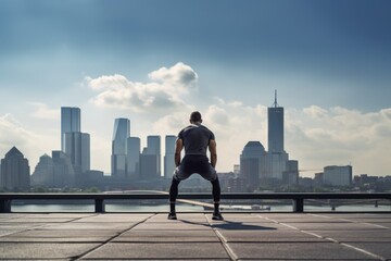 Man stretching after run, city skyline