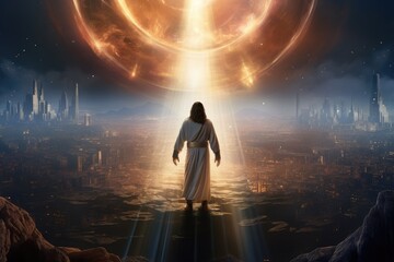 Second Coming of Jesus, futuristic graphic concept. - obrazy, fototapety, plakaty