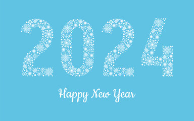 Happy New Year 2024 number made from snowflakes on blue background