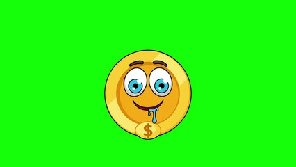 dollar gold coin cartoon with a drooling face, emoticon animation
