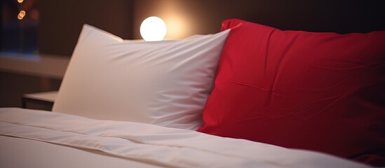 Red cushion on the bedroom s white bedding lamp unlit