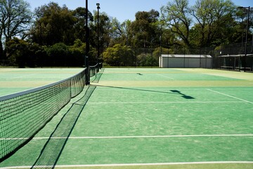 synthetic court in a park in summer, tennis court with a net