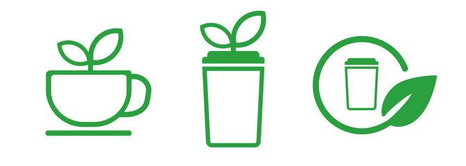 Green eco beverage cup glass leaves environmental friendly leaf symbol label - obrazy, fototapety, plakaty