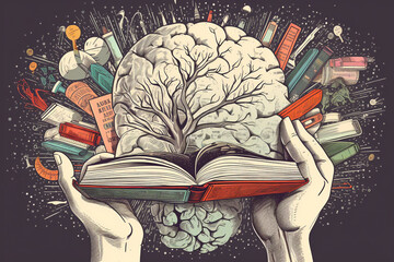 Science, lifestyle, education concept. Collage colorful illustration of human hands holding book and brains full of knowledge. Abstract minimalist background with copy space