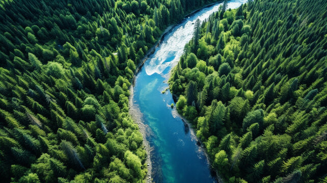 Top view of blue river in the green forest.