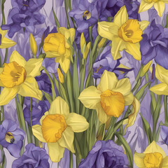 A bouquet of daffodils and irises in shades of yellow and purple