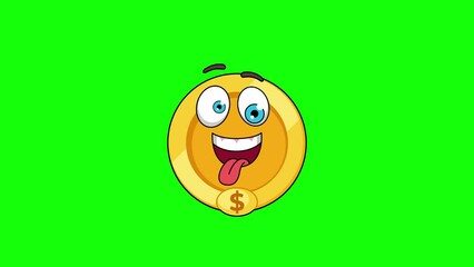 Funny face animation of dollar gold coin cartoon, mascot on a greenscreen
