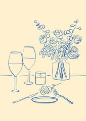 Modern painting for the interior. Minimalist dinner illustration in sketch style in blue color. Art to decorate, print, design, cards, invitations, stationery. © Alarcon Studio