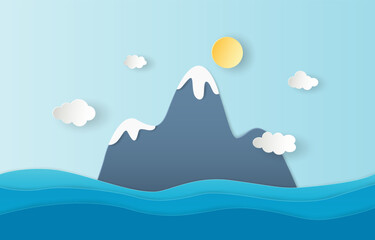 Paper art style of volcanic mountain on ocean or sinking island, vector and illustration.