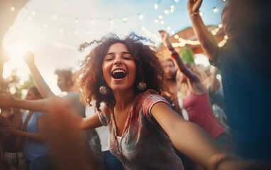 Vibrant millennial dance party with joy and excitement at a lively music festival, 
