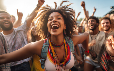 Vibrant millennial dance party with joy and excitement at a lively music festival, 
