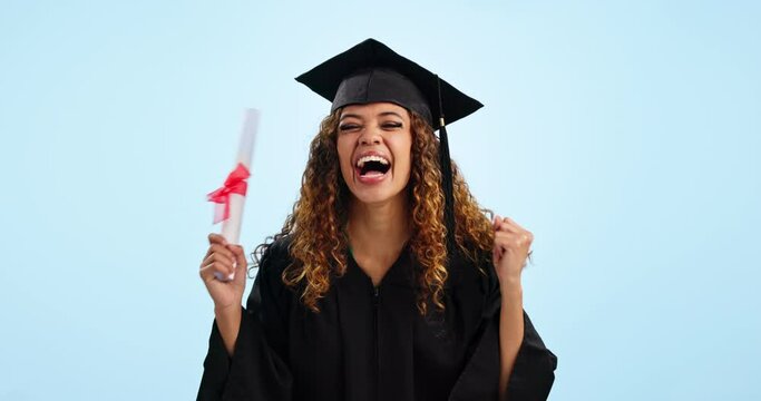 Happy woman, student and graduation with certificate in celebration for diploma against a studio background. Excited female person or graduate dancing in happiness for achievement, degree or winning