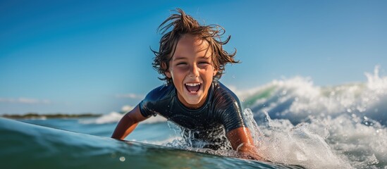 Summer vacation with children includes active family lifestyle kids learning water sports and swimming in a surfing camp With copyspace for text - obrazy, fototapety, plakaty