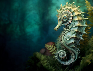 Fantasy Seahorse in Cool Greens with Copy Space for Text - Generative AI