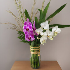 A bouquet of orchids and bamboo with a serene, Eastern aesthetic.