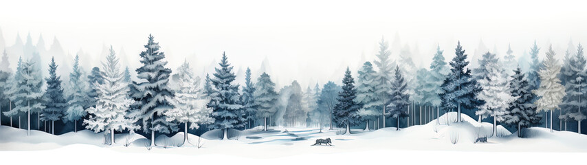 Snow-covered coniferous forest. Cute winter repeating landscape. Horizontal view of the winter forest., generative ai - obrazy, fototapety, plakaty