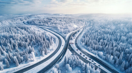 Fototapeta na wymiar Curved windy road in snow covered forest, top to bottom, aerial view, generative ai