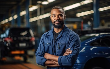 man examining car engine. Auto mechanic working in garage.Car Mechanic Detailed Vehicle Inspection. Auto Service Center Theme