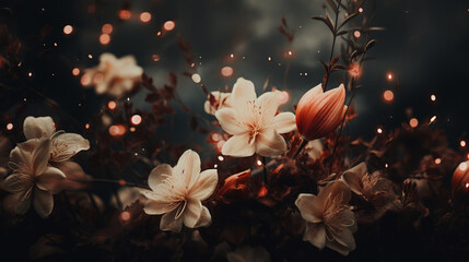Romantic and Moody Flower Background with Twinkle Lights and Grunge Effect - Muted Pink Color Tones with Fall Florals and Cinematic Styled Grading - Vintage Floral Background or Wallpaper - Valentines - obrazy, fototapety, plakaty