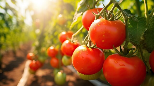 Ripe tomato plant growing in greenhouse. Tasty red heirloom tomatoes. Blurry background and copy space